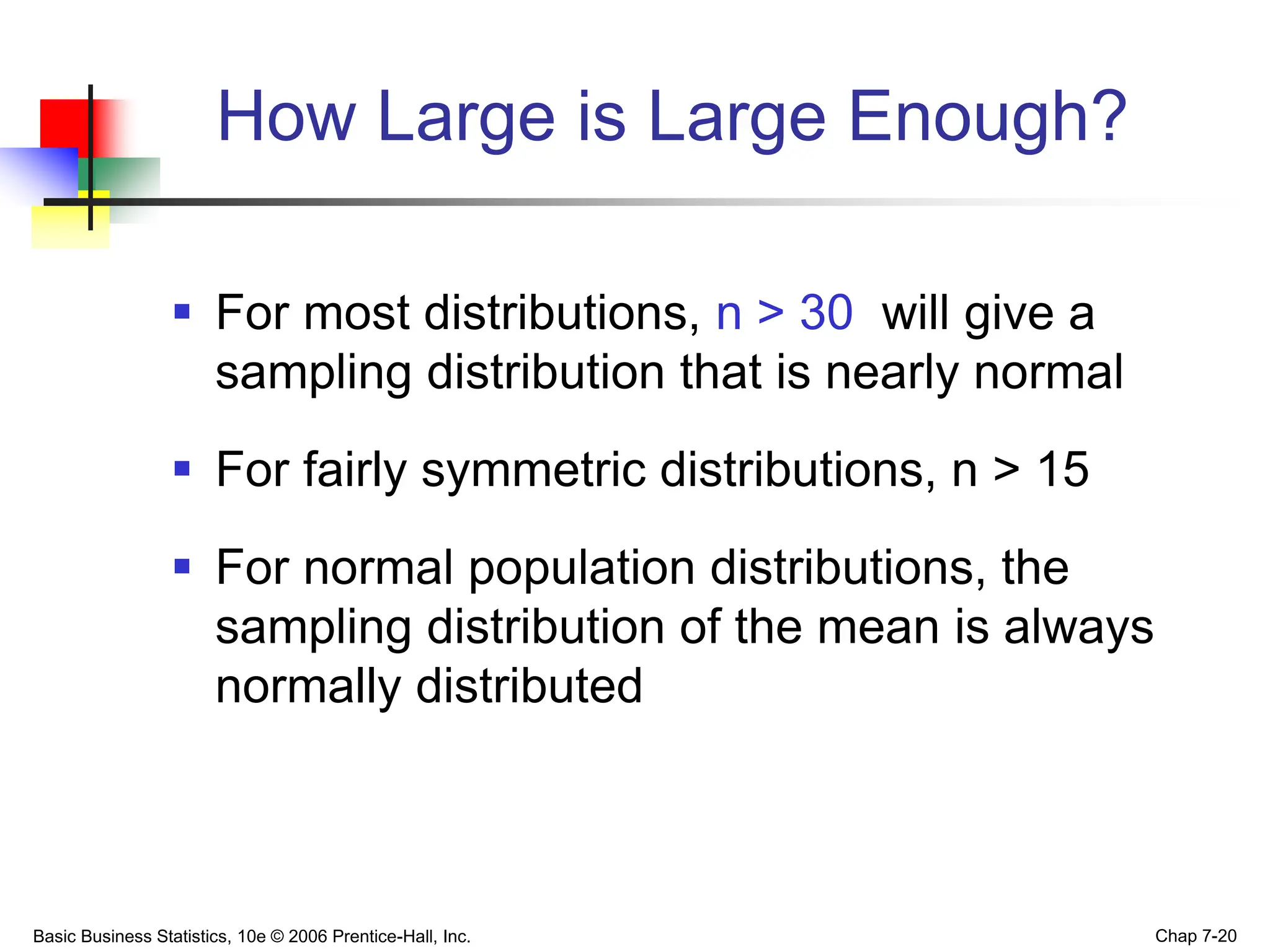 Basic Business Statistics, 10e © 2006 Prentice-Hall, Inc. Chap 7-20
How Large is Large Enough?
 For most distributions, n > 30 will give a
sampling distribution that is nearly normal
 For fairly symmetric distributions, n > 15
 For normal population distributions, the
sampling distribution of the mean is always
normally distributed
 
