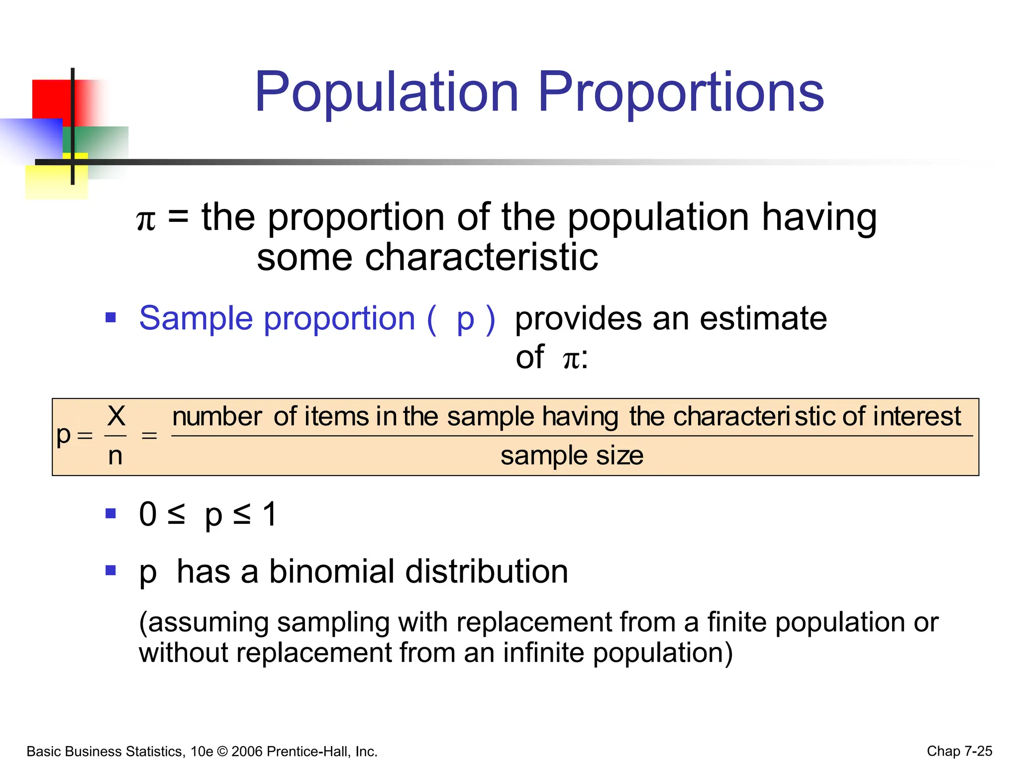 Basic Business Statistics, 10e © 2006 Prentice-Hall, Inc. Chap 7-25
Population Proportions
π = the proportion of the population having
some characteristic
 Sample proportion ( p ) provides an estimate
of π:
 0 ≤ p ≤ 1
 p has a binomial distribution
(assuming sampling with replacement from a finite population or
without replacement from an infinite population)
size
sample
interest
of
stic
characteri
the
having
sample
the
in
items
of
number
n
X
p 

 