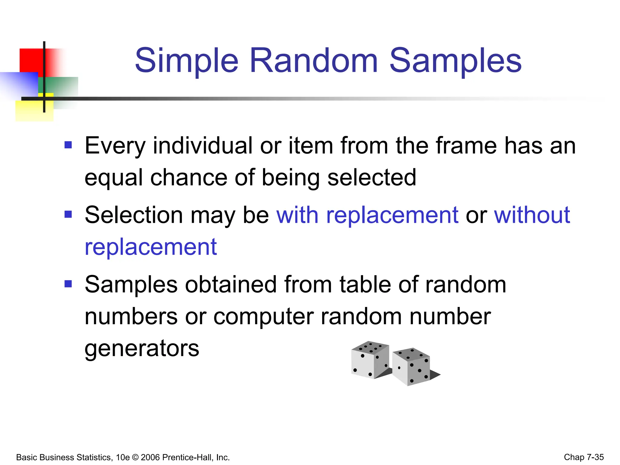 Basic Business Statistics, 10e © 2006 Prentice-Hall, Inc. Chap 7-35
Simple Random Samples
 Every individual or item from the frame has an
equal chance of being selected
 Selection may be with replacement or without
replacement
 Samples obtained from table of random
numbers or computer random number
generators
 
