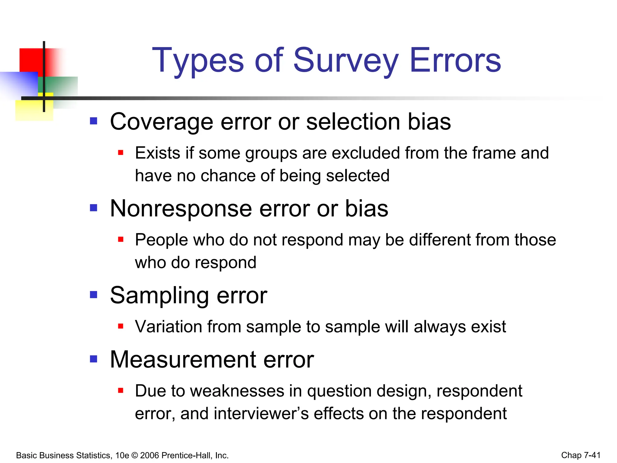 Basic Business Statistics, 10e © 2006 Prentice-Hall, Inc. Chap 7-41
Types of Survey Errors
 Coverage error or selection bias
 Exists if some groups are excluded from the frame and
have no chance of being selected
 Nonresponse error or bias
 People who do not respond may be different from those
who do respond
 Sampling error
 Variation from sample to sample will always exist
 Measurement error
 Due to weaknesses in question design, respondent
error, and interviewer’s effects on the respondent
 