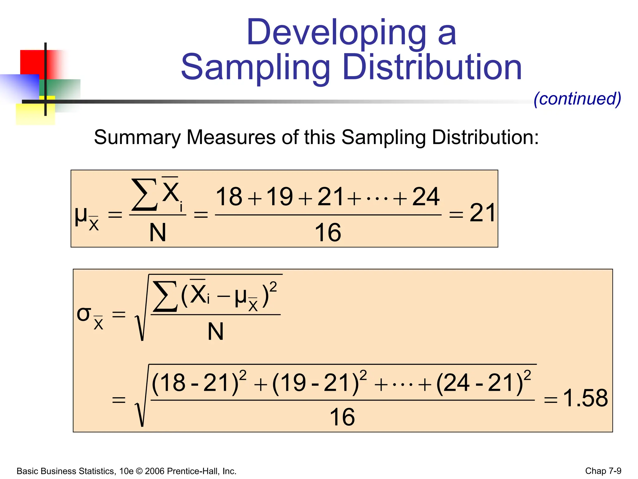 Basic Business Statistics, 10e © 2006 Prentice-Hall, Inc. Chap 7-9
Summary Measures of this Sampling Distribution:
Developing a
Sampling Distribution
(continued)
21
16
24
21
19
18
N
X
μ i
X







 
1.58
16
21)
-
(24
21)
-
(19
21)
-
(18
N
)
μ
X
(
σ
2
2
2
2
X
i
X









 