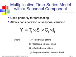 Basic Business Statistics, 10e © 2006 Prentice-Hall, Inc. Chap 16-14
Multiplicative Time-Series Model
with a Seasonal Component
 Used primarily for forecasting
 Allows consideration of seasonal variation
where Ti = Trend value at time i
Si = Seasonal value at time i
Ci = Cyclical value at time i
Ii = Irregular (random) value at time i
iiiii ICSTY ×××=
 