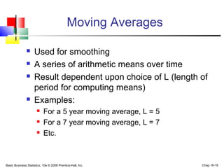 Basic Business Statistics, 10e © 2006 Prentice-Hall, Inc. Chap 16-16
Moving Averages
 Used for smoothing
 A series of arithmetic means over time
 Result dependent upon choice of L (length of
period for computing means)
 Examples:
 For a 5 year moving average, L = 5
 For a 7 year moving average, L = 7
 Etc.
 
