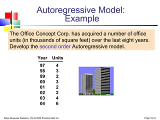 Basic Business Statistics, 10e © 2006 Prentice-Hall, Inc. Chap 16-41
Autoregressive Model:
Example
Year Units
97 4
98 3
99 2
00 3
01 2
02 2
03 4
04 6
The Office Concept Corp. has acquired a number of office
units (in thousands of square feet) over the last eight years.
Develop the second order Autoregressive model.
 