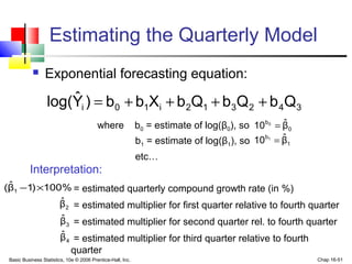 Basic Business Statistics, 10e © 2006 Prentice-Hall, Inc. Chap 16-51
Estimating the Quarterly Model
 Exponential forecasting equation:
342312i10i QbQbQbXbb)Yˆlog( ++++=
where b0 = estimate of log(β0), so
b1 = estimate of log(β1), so
etc…
Interpretation:
%100)1βˆ( 1 ×− = estimated quarterly compound growth rate (in %)
= estimated multiplier for first quarter relative to fourth quarter
= estimated multiplier for second quarter rel. to fourth quarter
= estimated multiplier for third quarter relative to fourth
quarter
0
b
βˆ10 0
=
1
b
βˆ10 1
=
2βˆ
3βˆ
4βˆ
 