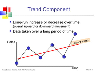 Basic Business Statistics, 10e © 2006 Prentice-Hall, Inc. Chap 16-8
Upward trend
Trend Component
 Long-run increase or decrease over time
(overall upward or downward movement)
 Data taken over a long period of time
Sales
Time
 