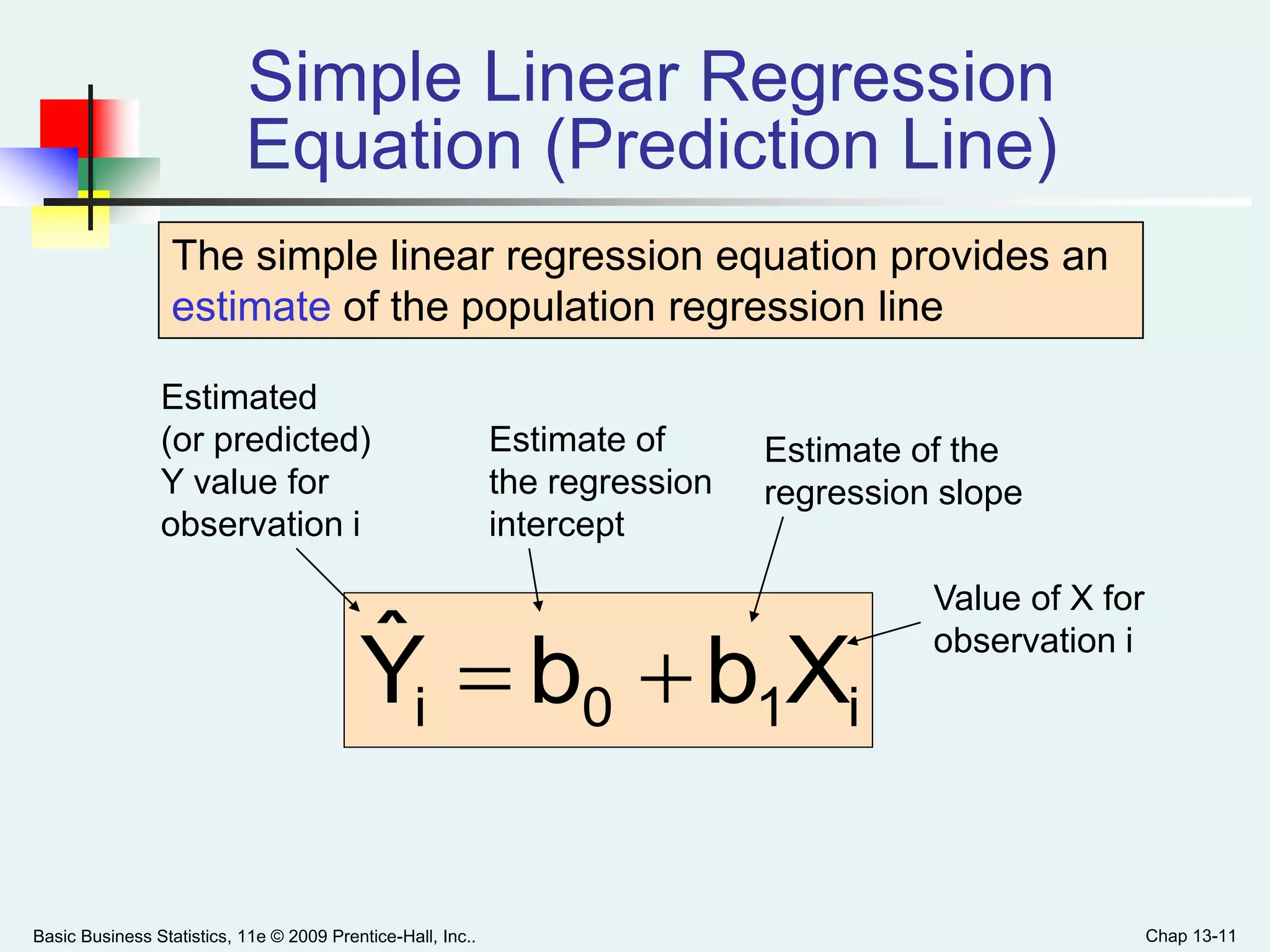 Basic Business Statistics, 11e © 2009 Prentice-Hall, Inc.. Chap 13-11
i10i XbbYˆ 
The simple linear regression equation provides an
estimate of the population regression line
Simple Linear Regression
Equation (Prediction Line)
Estimate of
the regression
intercept
Estimate of the
regression slope
Estimated
(or predicted)
Y value for
observation i
Value of X for
observation i
 