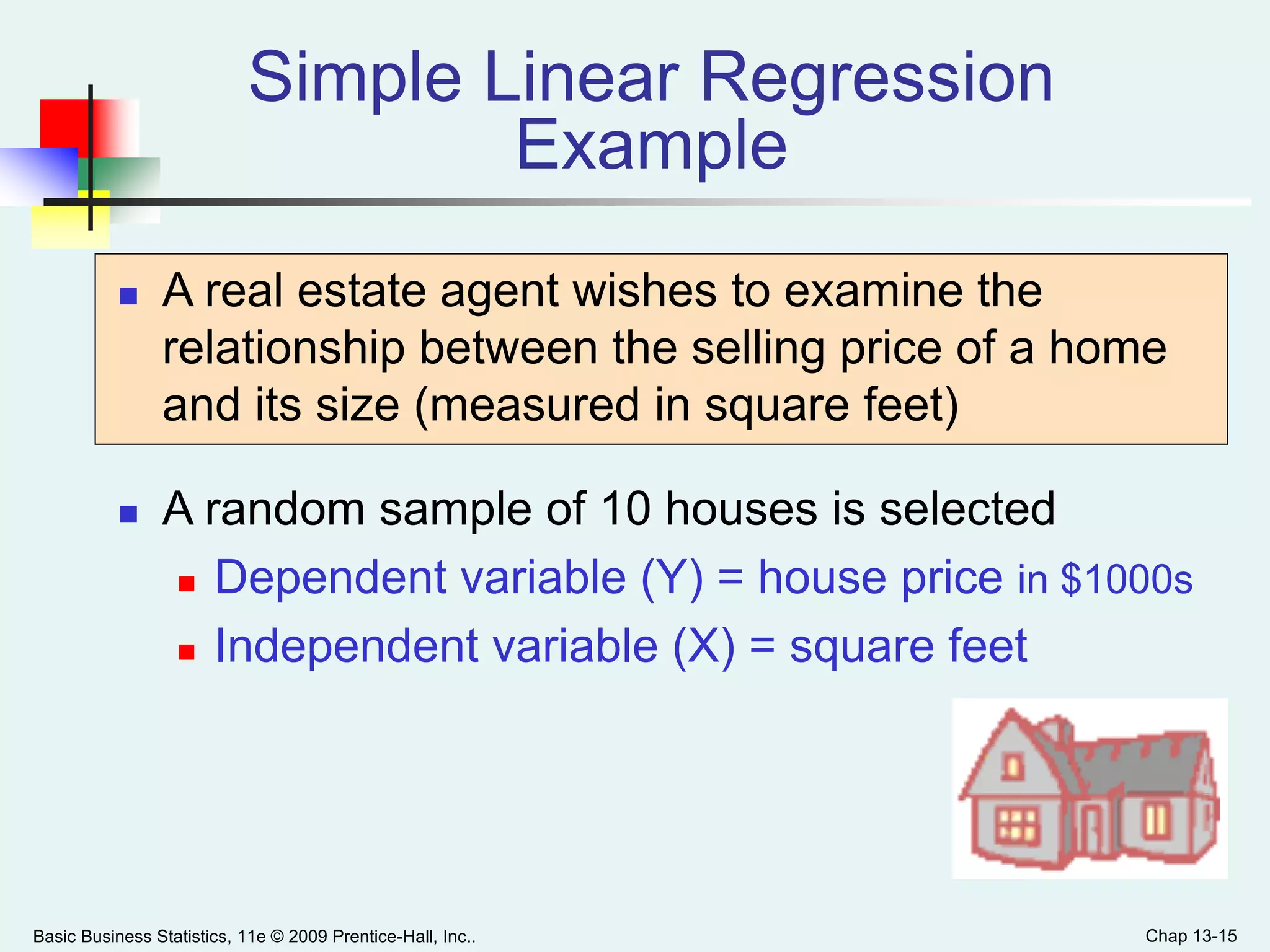 Basic Business Statistics, 11e © 2009 Prentice-Hall, Inc.. Chap 13-15
Simple Linear Regression
Example
 A real estate agent wishes to examine the
relationship between the selling price of a home
and its size (measured in square feet)
 A random sample of 10 houses is selected
 Dependent variable (Y) = house price in $1000s
 Independent variable (X) = square feet
 