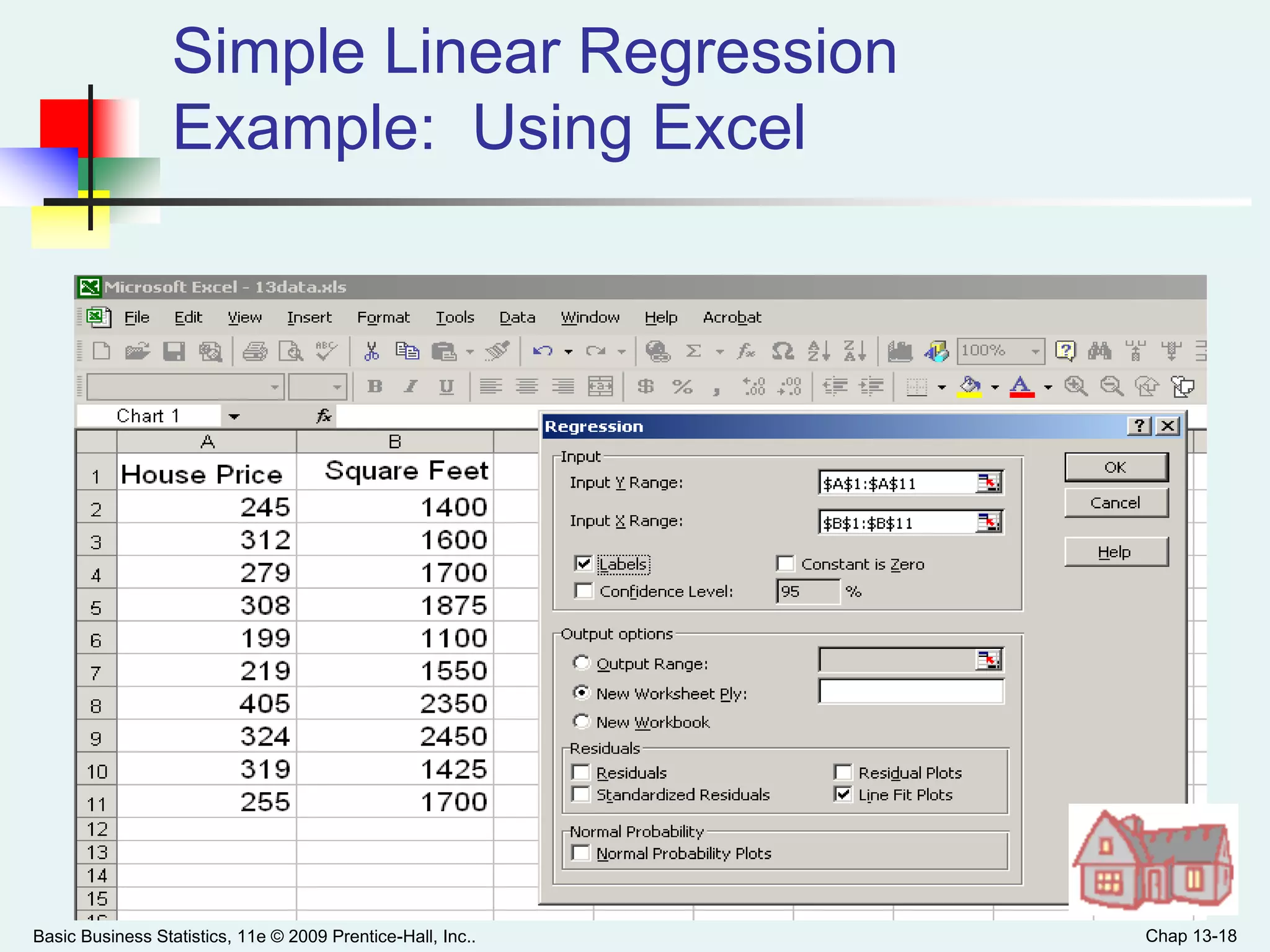 Basic Business Statistics, 11e © 2009 Prentice-Hall, Inc.. Chap 13-18
Simple Linear Regression
Example: Using Excel
 