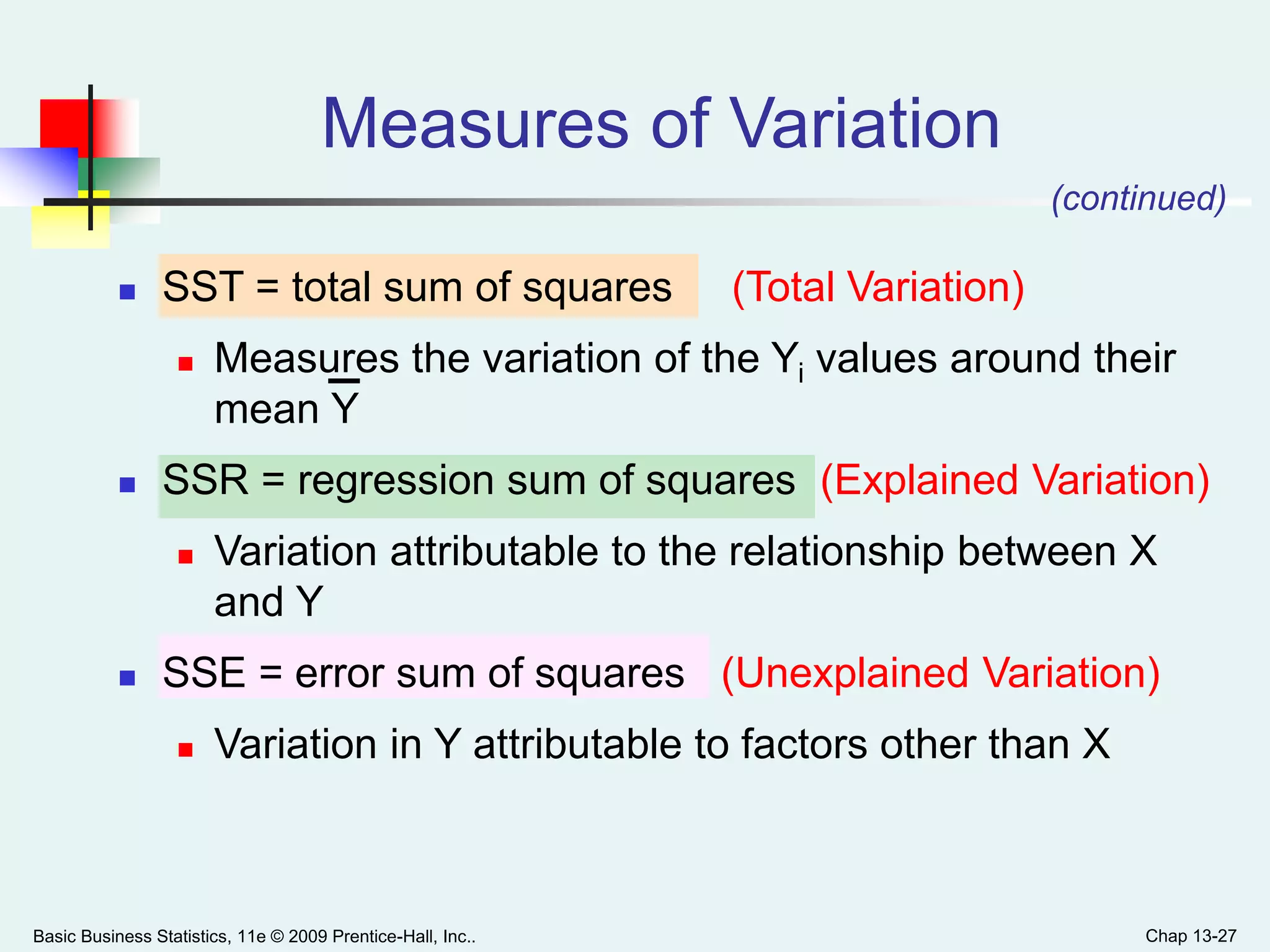 Basic Business Statistics, 11e © 2009 Prentice-Hall, Inc.. Chap 13-27
 SST = total sum of squares (Total Variation)
 Measures the variation of the Yi values around their
mean Y
 SSR = regression sum of squares (Explained Variation)
 Variation attributable to the relationship between X
and Y
 SSE = error sum of squares (Unexplained Variation)
 Variation in Y attributable to factors other than X
(continued)
Measures of Variation
 