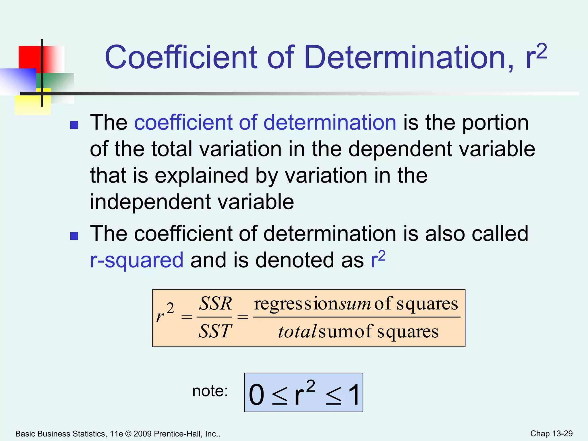 Basic Business Statistics, 11e © 2009 Prentice-Hall, Inc.. Chap 13-29
 The coefficient of determination is the portion
of the total variation in the dependent variable
that is explained by variation in the
independent variable
 The coefficient of determination is also called
r-squared and is denoted as r2
Coefficient of Determination, r2
1r0 2
note:
squaresofsum
squaresofregression2
total
sum
SST
SSR
r 
 