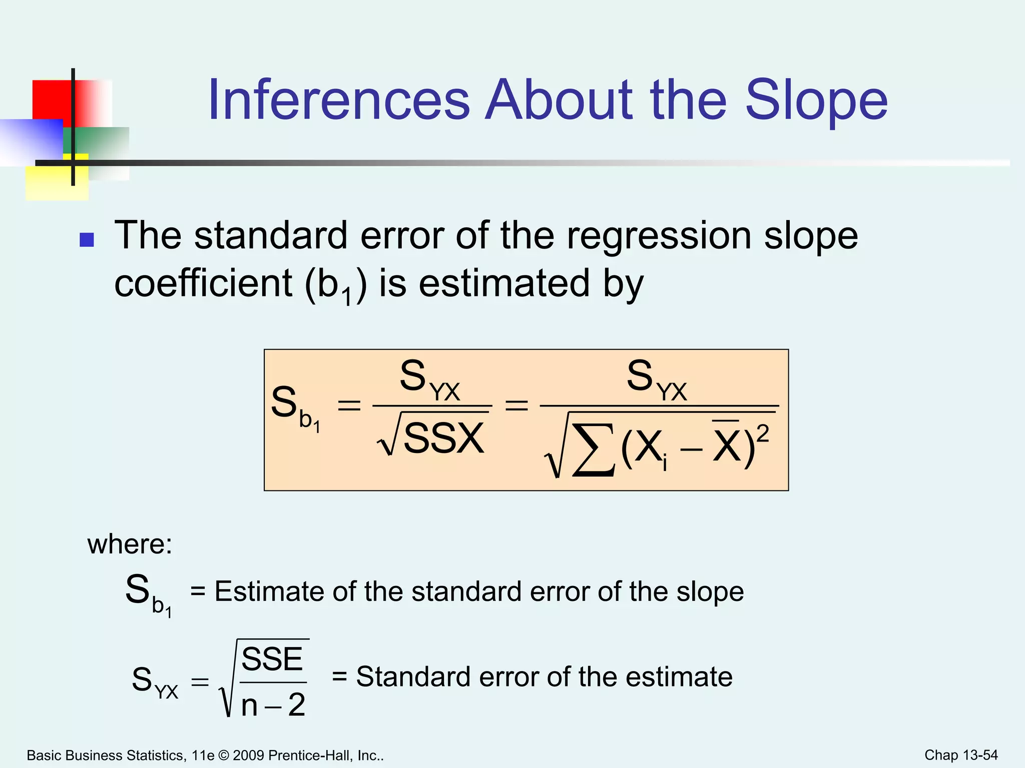 Basic Business Statistics, 11e © 2009 Prentice-Hall, Inc.. Chap 13-54
Inferences About the Slope
 The standard error of the regression slope
coefficient (b1) is estimated by
 

2
i
YXYX
b
)X(X
S
SSX
S
S 1
where:
= Estimate of the standard error of the slope
= Standard error of the estimate
1bS
2n
SSE
SYX


 