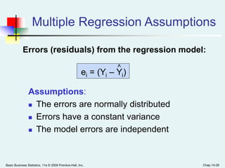 Basic Business Statistics, 11e © 2009 Prentice-Hall, Inc.. Chap 14-28
Multiple Regression Assumptions
Assumptions:
 The errors are normally distributed
 Errors have a constant variance
 The model errors are independent
ei = (Yi – Yi)
<
Errors (residuals) from the regression model:
 