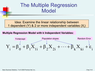 Basic Business Statistics, 11e © 2009 Prentice-Hall, Inc.. Chap 14-3
The Multiple Regression
Model
Idea: Examine the linear relationship between
1 dependent (Y) & 2 or more independent variables (Xi)
ikik2i21i10i
εXβXβXββY 
Multiple Regression Model with k Independent Variables:
Y-intercept Population slopes Random Error
 