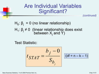 Basic Business Statistics, 11e © 2009 Prentice-Hall, Inc.. Chap 14-31
Are Individual Variables
Significant?
H0: βj = 0 (no linear relationship)
H1: βj ≠ 0 (linear relationship does exist
between Xj and Y)
Test Statistic:
(df = n – k – 1)
j
b
j
STAT
S
b
t
0

(continued)
 