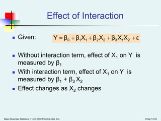 Basic Business Statistics, 11e © 2009 Prentice-Hall, Inc.. Chap 14-54
Effect of Interaction
 Given:
 Without interaction term, effect of X1 on Y is
measured by β1
 With interaction term, effect of X1 on Y is
measured by β1 + β3 X2
 Effect changes as X2 changes
εXXβXβXββY 21322110 
 