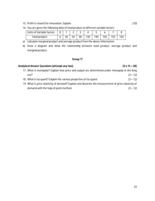 24
15. Profit is reward for innovation. Explain (10)
16. You are given the following data of total product at different variable factors:
Units of Variable factors 0 1 2 3 4 5 6 7 8
Total product 0 20 50 90 120 140 150 155 150
a) Calculate marginal product and average product from the above information.
b) Draw a diagram and show the relationship between total product, average product and
marginal product.
Group 'C'
Analytical Answer Questions (attempt any two) [2 x 15 = 30]
17. What is monopoly? Explain how price and output are determined under monopoly in the long
run? (3 + 12)
18. What is iso-quant? Explain the various properties of iso-quant. (3 + 12)
19. What is price elasticity of demand? Explain and illustrate the measurement of price elasticity of
demand with the help of point method. (3 + 12)
 