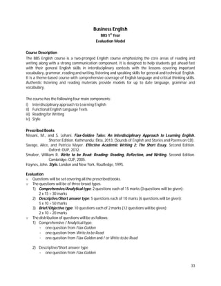 33
Business English
BBS 1st
Year
Evaluation Model
Course Description
The BBS English course is a two-pronged English course emphasizing the core areas of reading and
writing along with a strong communication component. It is designed to help students get ahead fast
with their general English skills in interdisciplinary contexts with the lessons covering important
vocabulary, grammar, reading and writing, listening and speaking skills for general and technical English.
It is a theme-based course with comprehensive coverage of English language and critical thinking skills.
Authentic listening and reading materials provide models for up to date language, grammar and
vocabulary.
The course has the following four main components:
i) Interdisciplinary approach to Learning English
ii) Functional English Language Texts
iii) Reading for Writing
iv) Style
Prescribed Books
Nissani, M., and S. Lohani. Flax-Golden Tales: An Interdisciplinary Approach to Learning English.
Shorter Edition. Kathmandu: Ekta, 2013. (Sounds of English and Stories and Poems on CD).
Savage, Alice, and Patricia Mayer. Effective Academic Writing 2: The Short Essay. Second Edition.
Oxford: OUP, 2012.
Smalzer, William R. Write to be Read: Reading: Reading, Reflection, and Writing. Second Edition.
Cambridge: CUP, 2005.
Haynes, John. Style. London and New York: Routledge, 1995.
Evaluation
v Questions will be set covering all the prescribed books.
v The questions will be of three broad types.
1) Comprehensive/Analytical type: 2 questions each of 15 marks (3 questions will be given):
2 x 15 = 30 marks
2) Descriptive/Short answer type: 5 questions each of 10 marks (6 questions will be given):
5 x 10 = 50 marks
3) Brief/Objective type: 10 questions each of 2 marks (12 questions will be given):
2 x 10 = 20 marks
v The distribution of questions will be as follows:
1) Comprehensive / Analytical type:
· one question from Flax-Golden
· one question from Write to be Read
· one question from Flax-Golden and / or Write to be Read
2) Descriptive/Short answer type
· one question from Flax-Golden
 