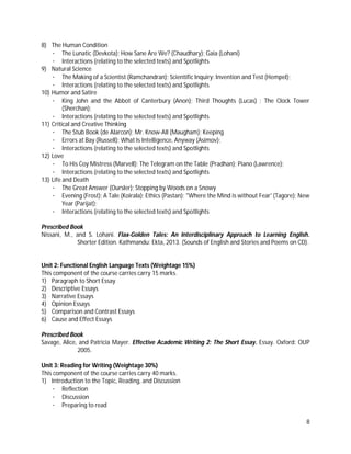 8
8) The Human Condition
· The Lunatic (Devkota); How Sane Are We? (Chaudhary); Gaia (Lohani)
· Interactions (relating to the selected texts) and Spotlights
9) Natural Science
· The Making of a Scientist (Ramchandran); Scientific Inquiry: Invention and Test (Hempel);
· Interactions (relating to the selected texts) and Spotlights
10) Humor and Satire
· King John and the Abbot of Canterbury (Anon); Third Thoughts (Lucas) ; The Clock Tower
(Sherchan);
· Interactions (relating to the selected texts) and Spotlights
11) Critical and Creative Thinking
· The Stub Book (de Alarcon); Mr. Know-All (Maugham); Keeping
· Errors at Bay (Russell); What Is Intelligence, Anyway (Asimov);
· Interactions (relating to the selected texts) and Spotlights
12) Love
· To His Coy Mistress (Marvell); The Telegram on the Table (Pradhan); Piano (Lawrence);
· Interactions (relating to the selected texts) and Spotlights
13) Life and Death
· The Great Answer (Oursler); Stopping by Woods on a Snowy
· Evening (Frost); A Tale (Koirala); Ethics (Pastan); "Where the Mind is without Fear' (Tagore); New
Year (Parijat);
· Interactions (relating to the selected texts) and Spotlights
Prescribed Book
Nissani, M., and S. Lohani. Flax-Golden Tales: An Interdisciplinary Approach to Learning English.
Shorter Edition. Kathmandu: Ekta, 2013. (Sounds of English and Stories and Poems on CD).
Unit 2: Functional English Language Texts (Weightage 15%)
This component of the course carries carry 15 marks.
1) Paragraph to Short Essay
2) Descriptive Essays
3) Narrative Essays
4) Opinion Essays
5) Comparison and Contrast Essays
6) Cause and Effect Essays
Prescribed Book
Savage, Alice, and Patricia Mayer. Effective Academic Writing 2: The Short Essay. Essay. Oxford: OUP
2005.
Unit 3: Reading for Writing (Weightage 30%)
This component of the course carries carry 40 marks.
1) Introduction to the Topic, Reading, and Discussion
· Reflection
· Discussion
· Preparing to read
 