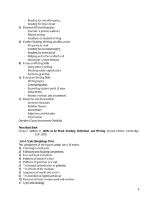 9
· Reading for overall meaning
· Reading for more detail
2) Personal Written Response
· Journals: a private audience
· Shared writing
· Feedback on student writing
3) Further Reading, Writing, and Discussion
· Preparing to read
· Reading for overall meaning
· Reading for more detail
· Helping each other understand
· Discussion: Critical thinking
4) Focus on Writing Skills
· Using other's writing
· Meeting reader expectations
· Sentence grammar
5) Formal on Writing Skills
· Writing topics
· Generating ideas
· Expanding student point of view
· Initial drafts
· Review, revision, and assessment
6) Grammar and Punctuation
· Sentence Structure
· Relative Clauses
· Word Order
· Adjectives and Adverbs
· Punctuation
Complete Essay Assessment Checklist
Prescribed Book
Smalzer, William R. Write to be Read: Reading, Reflection, and Writing. Second Edition. Cambridge:
CUP, 2005.
Unit 4: Style (Weightage 15%)
This component of the course carries carry 15 marks.
1) Choosing le most juste
2) Following and flouting conventions
3) Live and dead metaphors
4) Patterns of words in a text
5) Patterns of grammar in a text
6) The textual orchestration of patterns
7) The effects of the medium
8) Sequences of words and events
9) The selection of significant detail
10) Personal attitude, involvement and emotion
11) Style and ideology
 