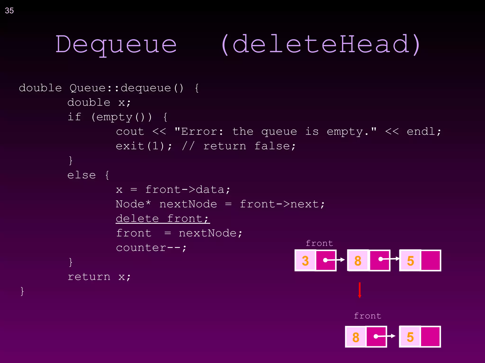 35
Dequeue (deleteHead)
double Queue::dequeue() {
double x;
if (empty()) {
cout << "Error: the queue is empty." << endl;
exit(1); // return false;
}
else {
x = front->data;
Node* nextNode = front->next;
delete front;
front = nextNode;
counter--;
}
return x;
}
front
583
8 5
front
 