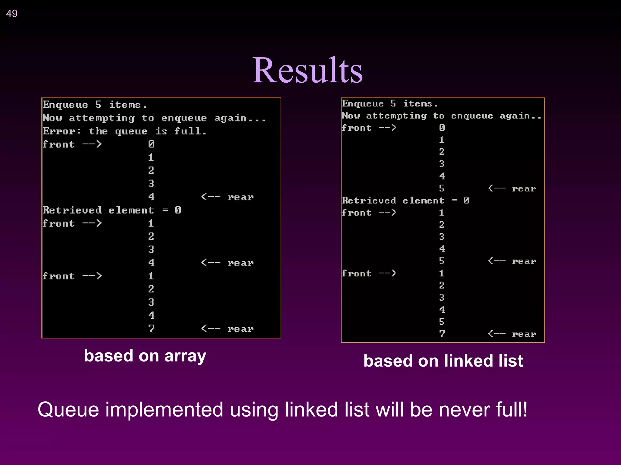 49
Results
Queue implemented using linked list will be never full!
based on array based on linked list
 