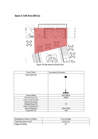 16	
  
Space 2: Café Area (200 lux)
Type of fixture Dimmable LED Pendant
Type of light bulb
Product Model SKU 020614
Rated luminous flux 2000lm
Colour rendering Index -
Normal Life (hours) -
Wattage Range (W) 29
Colour Temperature, K -
Colour Designation Warm White
Suspension (m) 1000
Dimension of room (L X W)(m) 5.1m X 9.26m
Total Floor Area, A (m²) 47.22 m^2
Height of Ceiling 2.7
Figure 18 Cafe Areas at Ground Floor
 