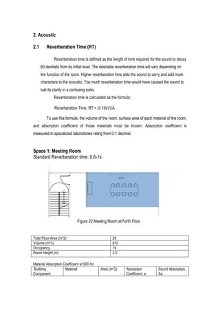 19	
  
2. Acoustic
2.1 Reverberation Time (RT)
Reverberation time is defined as the length of time required for the sound to decay
60 decibels from its initial level. The desirable reverberation time will vary depending on
the function of the room. Higher reverberation time aids the sound to carry and add more
characters to the acoustic. Too much reverberation time would have caused the sound to
lost its clarity in a confusing echo.
Reverberation time is calculated as the formula:
Reverberation Time, RT = (0.16xV)/A
To use this formula, the volume of the room, surface area of each material of the room,
and absorption coefficient of those materials must be known. Absorption coefficient is
measured in specialized laboratories rating from 0-1 decimal.
Space 1: Meeting Room
Standard Reverberation time: 0.6-1s
Total Floor Area (m^2) 29
Volume (m^3) 872
Occupancy 19
Room Height (m) 3.0
Material Absorption Coefficient at 500 Hz
Building
Component
Material Area (m^2) Absorption
Coefficient, a
Sound Absorption,
Sa
Figure 22 Meeting Room at Forth Floor
 