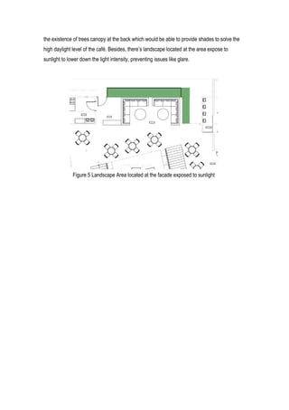 6	
  
the existence of trees canopy at the back which would be able to provide shades to solve the
high daylight level of the café. Besides, there’s landscape located at the area expose to
sunlight to lower down the light intensity, preventing issues like glare.
Figure 5 Landscape Area located at the facade exposed to sunlight
 