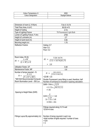 8	
  
Colour Temperature, K 6500
Colour Designation Daylight Deluxe
Dimension of room (L X W)(m) 7.5m X 10.74
Total Floor Area, A (m²) 80.55 m^2
Height of Ceiling 2.7m
Type of Lighting Fixture T8 Fluorescent Light Bulb
Lumen of Lighting Fixture, F (lm) 2750
Height of Luminaire (m) 2.7
Height of work level (m) 0.95
Mounting height (m) 1.75
Reflection Factors Ceiling: 0.7
Wall: 0.5
Floor: 0.2
Room Index, RI (K)
= 2.5
Utilisation Factor, UF 0.48
Maintenance Factor, MF 0.8
Number of lamps required – N
*MS1525 Recommended Computer
Room Illumination Level – 300 Lux
=22.88 ⋍23
Double Fluorescent Lamp fitting is used, therefore, half
Number of luminance is included in spacing calculation.
Spacing to Height Ratio (SHR)
SHR= 1/Hm x 𝐴/𝑁
=1/1.75 x 80.55/12
=1.48
SHR=
!
!.!"
= 1.48
S= 1.75 x 1.48
=2.59m ⋍3m
Fittings Layout By approximately (m)
Fittings required along 10.74 wall
12/3m=4 rows
Number of lamps required in each row
=total number of lights required / number of rows
=12/4
= 3
𝑁   =   
!""  !  !".!!
(!"#$  !  !.!"!  !.!)
	
  	
  
𝑁 =   
𝐸  𝑥  𝐴
(𝐹  𝑥  𝑈𝐹  𝑥  𝑀𝐹)
	
  
𝑅𝐼   =   
𝐿  𝑥  𝑊
(𝐿 + 𝑊)  𝑥  𝐻
	
  
𝑅𝐼   =   
7.5𝑋  10.74
7.5 + 10.74 𝑋1.75
  
            	
  
 