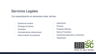 Servicios Legales
Con especialización en demandas civiles, del tipo:
 Cambio de nombre
 Embargo de bienes
 Contratos
 Arrendamientos (retenciones)
 Indemnización de perjuicios
 Interdicción
 Precario
 Posesión Efectiva
 Sernac Financiero
 Cobranzas (ejecutivos y tercerías)
 Testamento
 