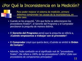 ¿Por Qué la Inconsistencia en la Medición?
           Para poder mejorar el sistema de medición, primero
           debemos comprender las causas de la inconsistencia, en
           este caso.
   • Cuando se les preguntó, “¿En que fecha se seleccionaron los
     proveedores finales?”, el Gerente del Programa y el Comprador
     percibieron la pregunta de manera distinta.

   • El Gerente del Programa pensó que la pregunta se refería a,
     ¿Cuándo empezamos a trabajar con el proveedor?

   • El Comprador creyó que quería decir, ¿Cuándo se emitió la Orden
     de Compra?

   • Además, hubo confusión en el significado real de “proveedores
     finales”. ¿Se refiere a 100% de los proveedores? ¿90%? ¿Sólo son
     proveedores de componentes principales?
                                                                     11
 
