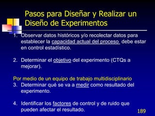 Pasos para Diseñar y Realizar un
     Diseño de Experimentos
1. Observar datos históricos y/o recolectar datos para
   establecer la capacidad actual del proceso debe estar
   en control estadístico.

2. Determinar el objetivo del experimento (CTQs a
   mejorar).

Por medio de un equipo de trabajo multidisciplinario
3. Determinar qué se va a medir como resultado del
   experimento.

4. Identificar los factores de control y de ruido que
   pueden afectar el resultado.                         189
 