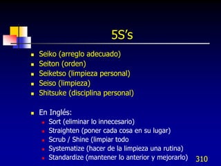 5S’s
   Seiko (arreglo adecuado)
   Seiton (orden)
   Seiketso (limpieza personal)
   Seiso (limpieza)
   Shitsuke (disciplina personal)

   En Inglés:
       Sort (eliminar lo innecesario)
       Straighten (poner cada cosa en su lugar)
       Scrub / Shine (limpiar todo
       Systematize (hacer de la limpieza una rutina)
       Standardize (mantener lo anterior y mejorarlo)   310
 