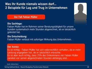 Vortrag!Gebhard!Borck!-!Beyond!Budgeting!Transformation!Network
Was!Ihr!Kunde!niemals!wissen!darf...!!
2!Beispiele!für!Lug!und!Trug!in!Unternehmen
20
!!!Der!Fall!Fabian!Müller
Die!Sachlage:
Fabian!Müller!hat!im!Rahmen!seiner!Beratungstätigkeit!für!unsere!
Kunden!systematisch!mehr!Stunden!abgerechnet,!als!er!tatsächlich!
geleistet!hat.
Die!Entscheidung:
Fabian!Müller!verlässt!mit!sofortiger!Wirkung!das!Unternehmen.
Der!Anreiz:
Es!ist!richtig!-!Fabian!Müller!hat!sich!widerrechtlich!verhalten,!da!er!mehr!
Leistung!angegeben!hat,!als!er!tatsächlich!erbrachte.!
Es!ist!aber!auch!richtig,!dass!25%!des!Einkommens!von!Fabian!Müller!
variabel!von!seinen!abgerechneten!Stunden!abhängig!sind...
Quelle: Gebhard Borck
 