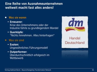 Vortrag!Gebhard!Borck!-!Beyond!Budgeting!Transformation!Network
Eine!Reihe!von!Ausnahmeunternehmen!
weltweit!macht!fast!alles!anders!
• Was!sie!waren
• Erneuerer:!
Krise!des!Unternehmens!oder!der!
Industrie!führte!zu!grundlegendem!Wandel
• Querköpfe:!
“Nichts!hinnehmen.!Alles!hinterfragen“
• Was!sie!sind
• Exoten:!
Ungewöhnliches!Führungsmodell
• Outperformer:!
Überdurchschnittlich!erfolgreich!im!
Wettbewerb
35
 