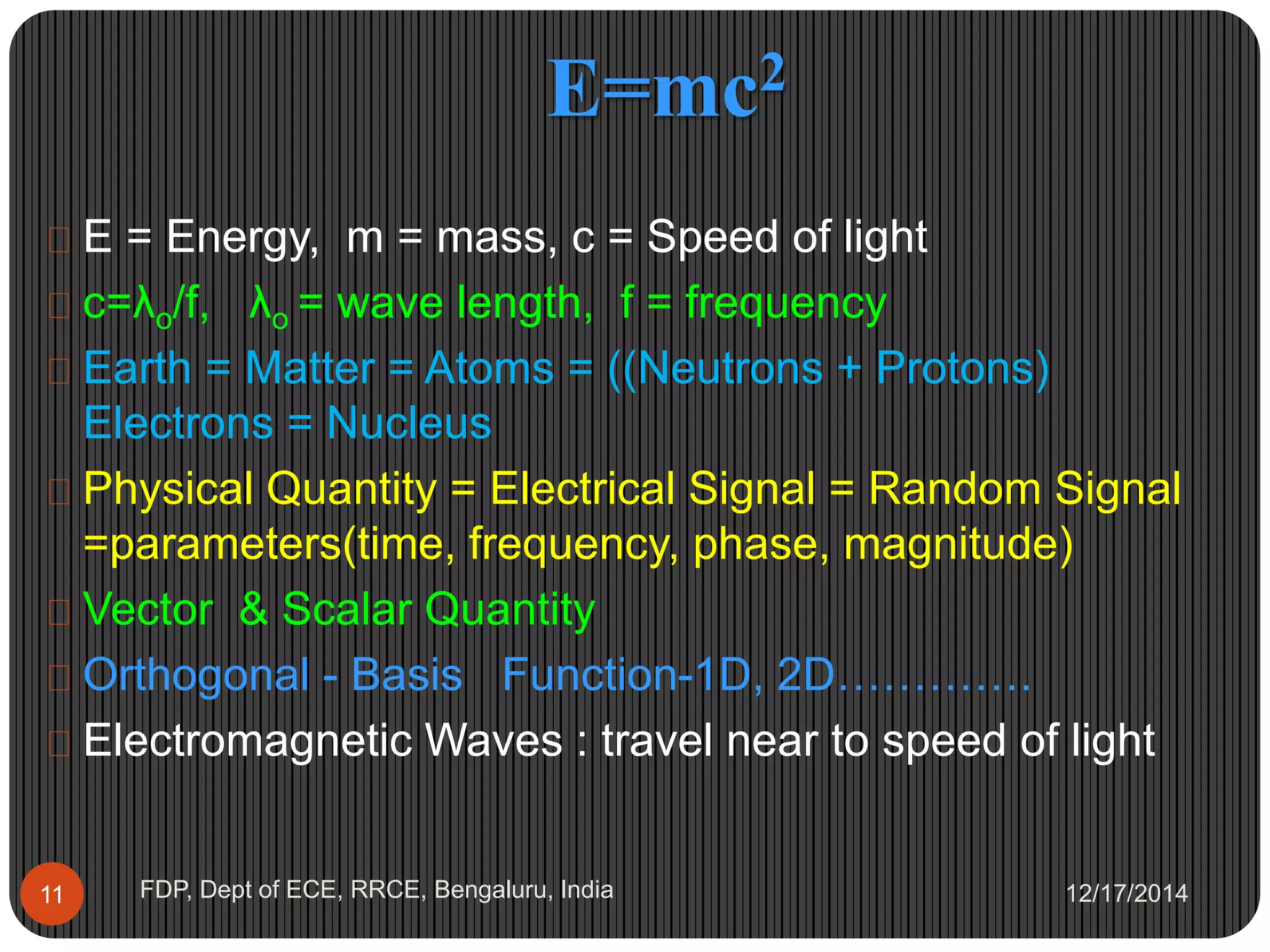 E=mc2
12/17/2014FDP, Dept of ECE, RRCE, Bengaluru, India11
 E = Energy, m = mass, c = Speed of light
 c=λo/f, λo = wave length, f = frequency
 Earth = Matter = Atoms = ((Neutrons + Protons)
Nucleus & Electrons
 Physical Quantity = Electrical Signal = Random Signal
=parameters(time, frequency, phase, magnitude)
 Vector & Scalar Quantity
 Orthogonal - Basis Function-1D, 2D………….
 Electromagnetic Waves : travel near to speed of light
 