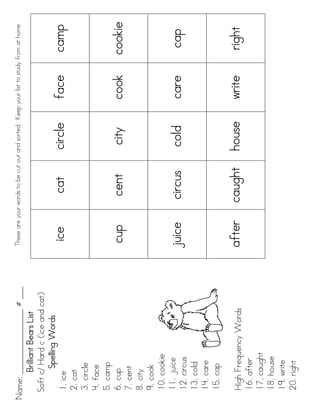 Name: ________________ # ___ These are your words to be cut out and sorted. Keep your list to study from at home
Brilliant Bears List
Soft c/ Hard c (ice and cat)
Spelling Words
1. ice ice cat circle face camp
2. cat
3. circle
4. face
5. camp
6. cup cup cent city cook cookie
7. cent
8. city
9. cook
10. cookie
11. juice
12. circus
juice circus cold care cap
13. cold
14. care
15. cap
High Frequency Words after caught house write right
16. after
17. caught
18. house
19. write
20. right