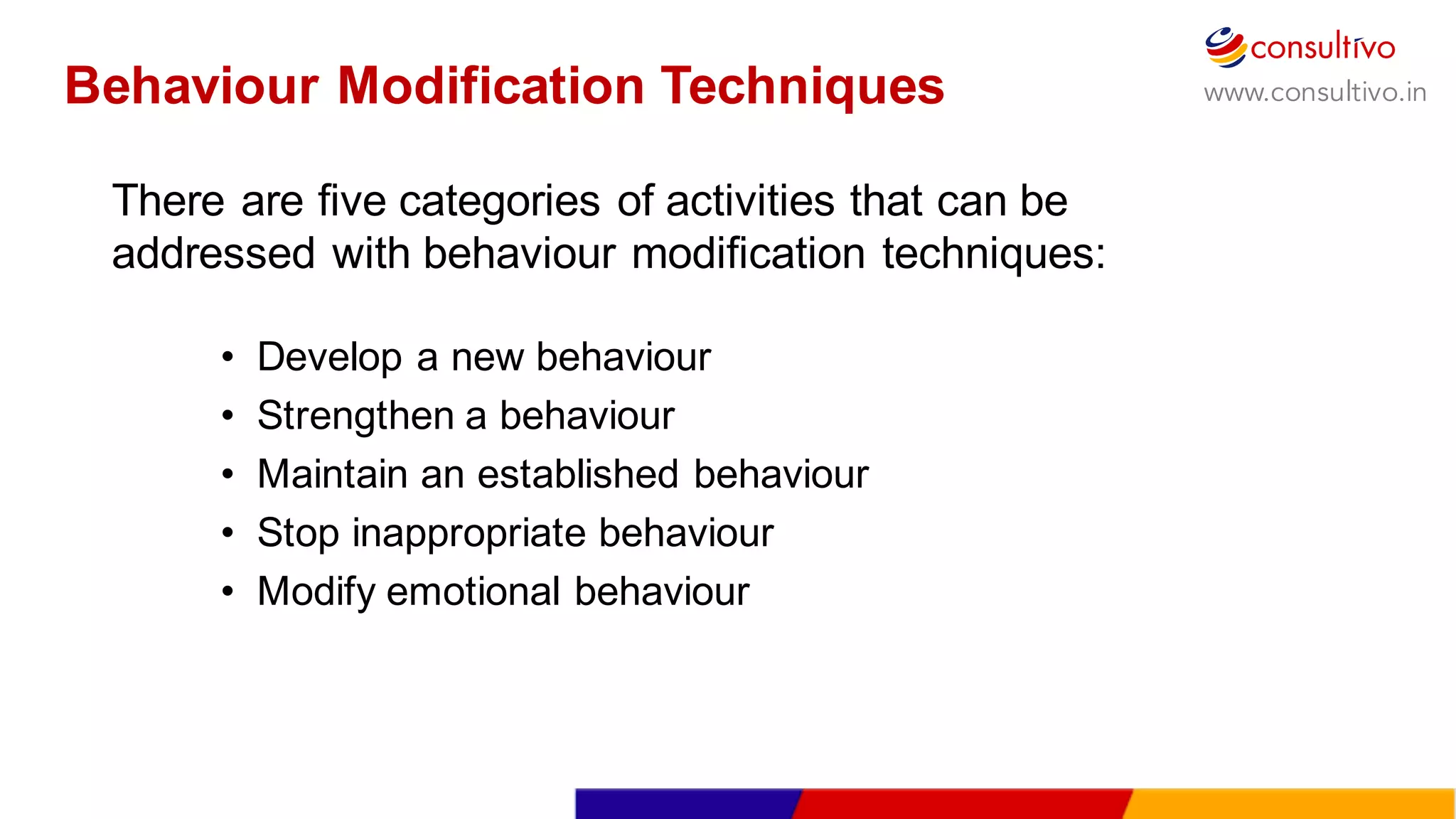 www.consultivo.inBehaviour Modification  Techniques
There  are  five  categories  of  activities  that  can  be  
addressed  with  behaviour modification  techniques:
• Develop  a  new  behaviour
• Strengthen  a  behaviour
• Maintain  an  established  behaviour
• Stop  inappropriate  behaviour
• Modify  emotional  behaviour
 