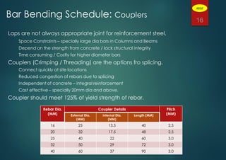 Laps are not always appropriate joint for reinforcement steel.
Space Constraints – specially large dia bars in Columns and Beams
Depend on the strength from concrete / lack structural integrity
Time consuming / Costly for higher diameter bars
Couplers (Crimping / Threading) are the options fro splicing.
Connect quickly at site locations
Reduced congestion of rebars due to splicing
Independent of concrete – integral reinforcement
Cost effective – specially 20mm dia and above.
Coupler should meet 125% of yield strength of rebar.
16
Bar Bending Schedule: Couplers
Rebar Dia.
(MM)
Coupler Details Pitch
(MM)External Dia.
(MM)
Internal Dia.
(MM)
Length (MM)
16 25 13.5 40 2.5
20 32 17.5 48 2.5
25 40 22 60 3.0
32 50 29 72 3.0
40 60 37 90 3.0
ADGP
 