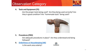 Observation Category
20
4. Tools and Equipment (TE)
Are the proper tools being used? Are they being used correctly? Are
they in good condition? Are “homemade tools” being used?
5. Procedures (PRO)
Are adequate procedures in place? Are they understood and being
followed?
6. Orderliness or Housekeeping (HK)
Is the work area orderly?
 
