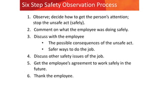 1. Observe; decide how to get the person’s attention;
stop the unsafe act (safely).
2. Comment on what the employee was doing safely.
3. Discuss with the employee
• The possible consequences of the unsafe act.
• Safer ways to do the job.
4. Discuss other safety issues of the job.
5. Get the employee’s agreement to work safely in the
future.
6. Thank the employee.
Six Step Safety Observation Process
 