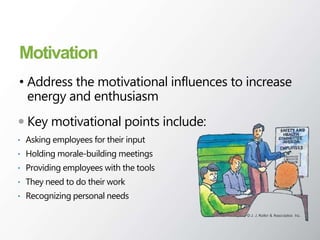 Motivation
• Address the motivational influences to increase
energy and enthusiasm
 Key motivational points include:
• Asking employees for their input
• Holding morale-building meetings
• Providing employees with the tools
• They need to do their work
• Recognizing personal needs
 