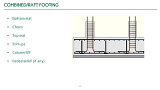 20
COMBINED/RAFT FOOTING
• Bottom mat
• Chairs
• Top mat
• Stirrups
• Column R/F
• Pedestal R/F (if any)
 