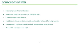 4
COMPONENTS OF STEEL
● Steel comprises of iron and carbon
● However in steel, Iron content is on the higher side.
● Carbon content is less than 2%
● In addition to this, several other metals can be added to have different properties
● For example: if chromium is added to steel, stainless steel is the product
● It is durable and doesn’t rust easily
 