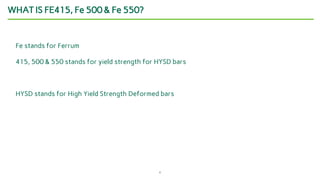 6
WHAT IS FE415, Fe 500 & Fe 550?
Fe stands for Ferrum
415, 500 & 550 stands for yield strength for HYSD bars
HYSD stands for High Yield Strength Deformed bars
 