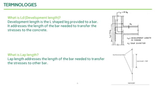 9
TERMINOLOGIES
What is Ld (Development length)?
Development length is the L shaped leg provided to a bar.
It addresses the length of the bar needed to transfer the
stresses to the concrete.
What is Lap length?
Lap length addresses the length of the bar needed to transfer
the stresses to other bar.
 