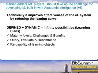 Market leaders (eL players) should take up the challenge for developing eL built-in with Academic Intelligence (AI) Technically it improves effectiveness of the eL system by reducing the leaning curve DEFINED + DYNAMIC = Infinity possibilities (Learning Plans) Maturity levels, Challenges & Benefits Query, Evaluate & Recommend Re-usability of learning objects 