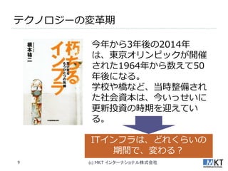 テクノロジーの変革期

       今年から3年後の2014年
       は、東京オリンピックが開催
       された1964年から数えて50
       年後になる。
       学校や橋など、当時整備され
       た社会資本は、今いっせいに
       更新投資の時期を迎えてい
       る。

       IT゗ンフラは、どれくらいの
          期間で、変わる？
9      (c) MKT インターナショナル株式会社
 
