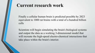 Current research work
Finally a cellular human brain is predicted possible by 2023
equivalent to 1000 rat brains with a total of a hundred billion
cells
Scientists will begin simulating the brain's biological systems
and output the data as a working 3-dimensional model that
will recreate the high-speed electro-chemical interactions that
take place within the brain's interior.
 